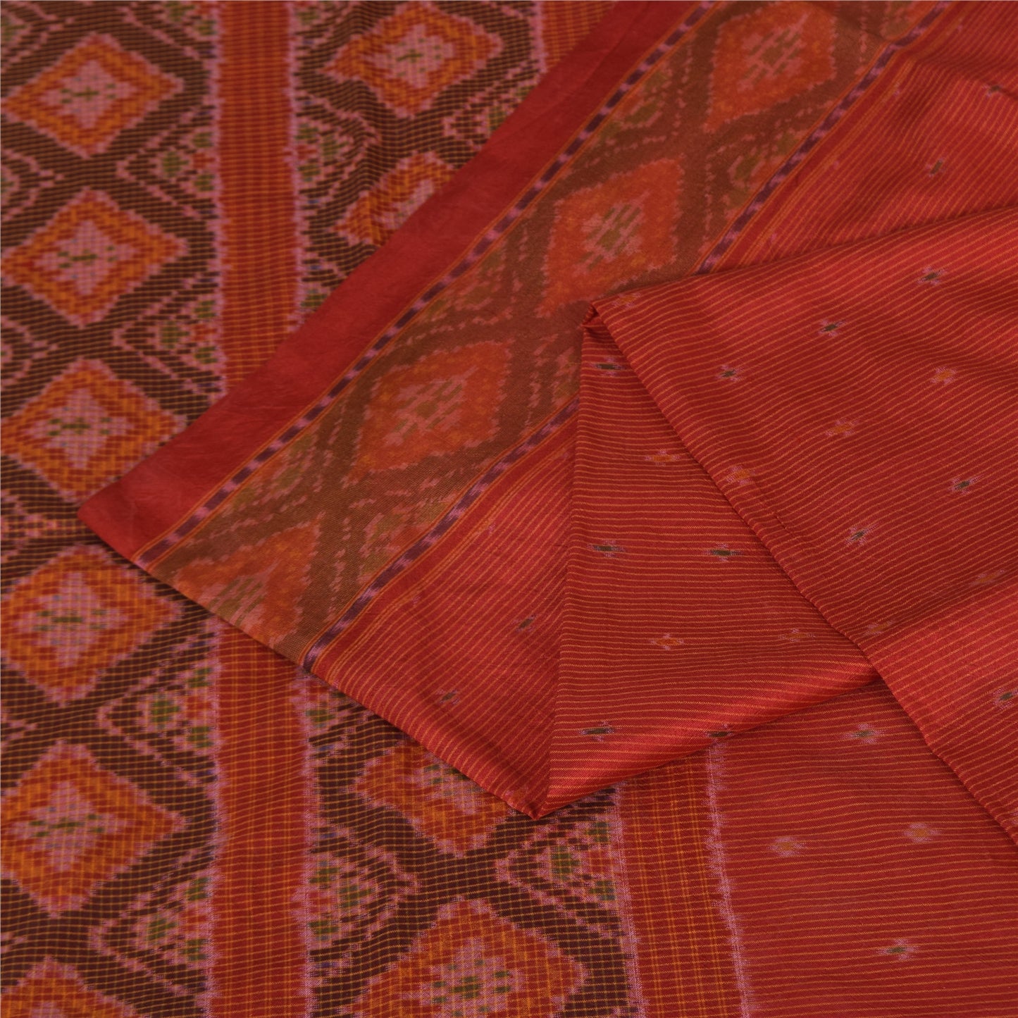 Sanskriti Vintage Sarees Red Sambhalpuri Ikat Handwoven Pure Silk Sari Fabric