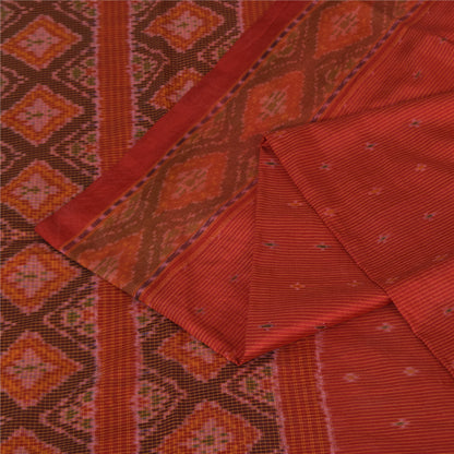 Sanskriti Vintage Sarees Red Sambhalpuri Ikat Handwoven Pure Silk Sari Fabric