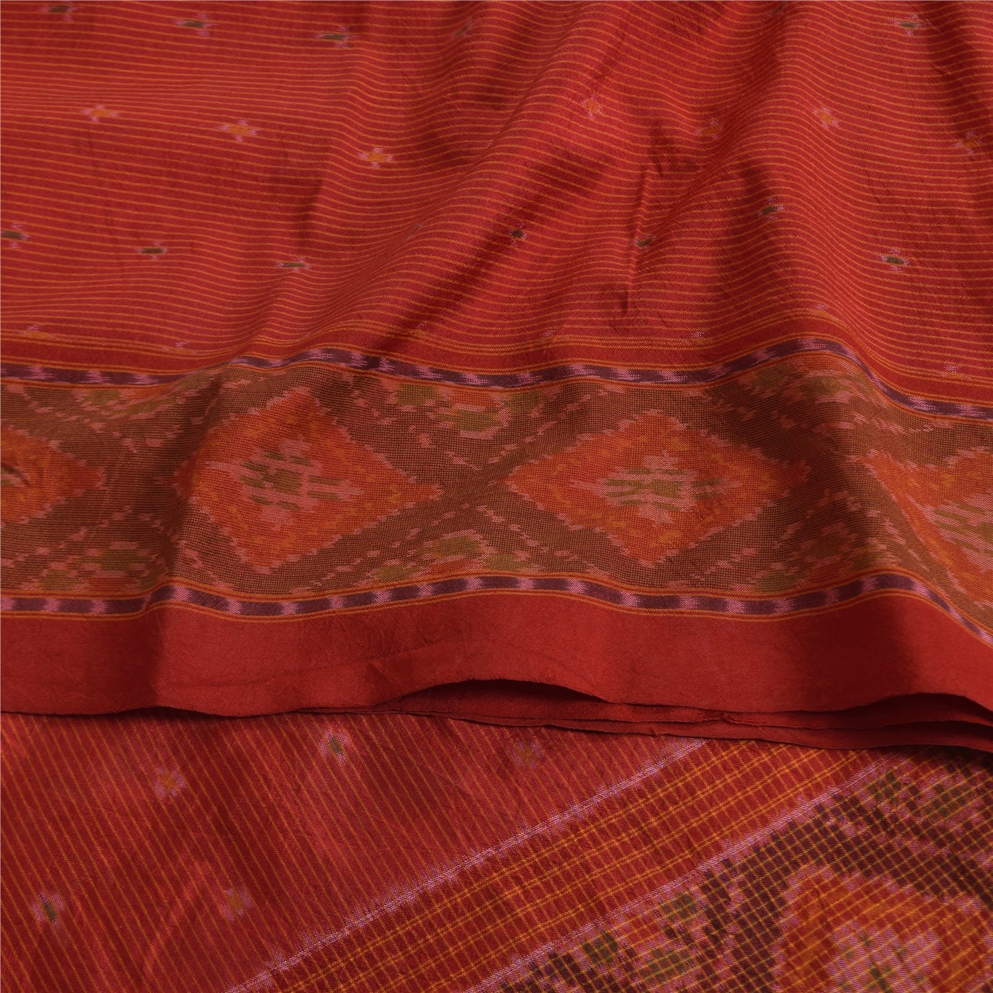 Sanskriti Vintage Sarees Red Sambhalpuri Ikat Handwoven Pure Silk Sari Fabric