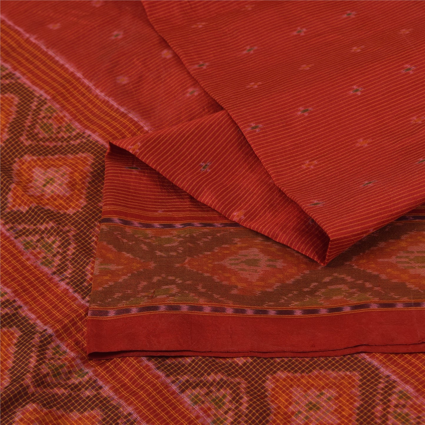 Sanskriti Vintage Sarees Red Sambhalpuri Ikat Handwoven Pure Silk Sari Fabric