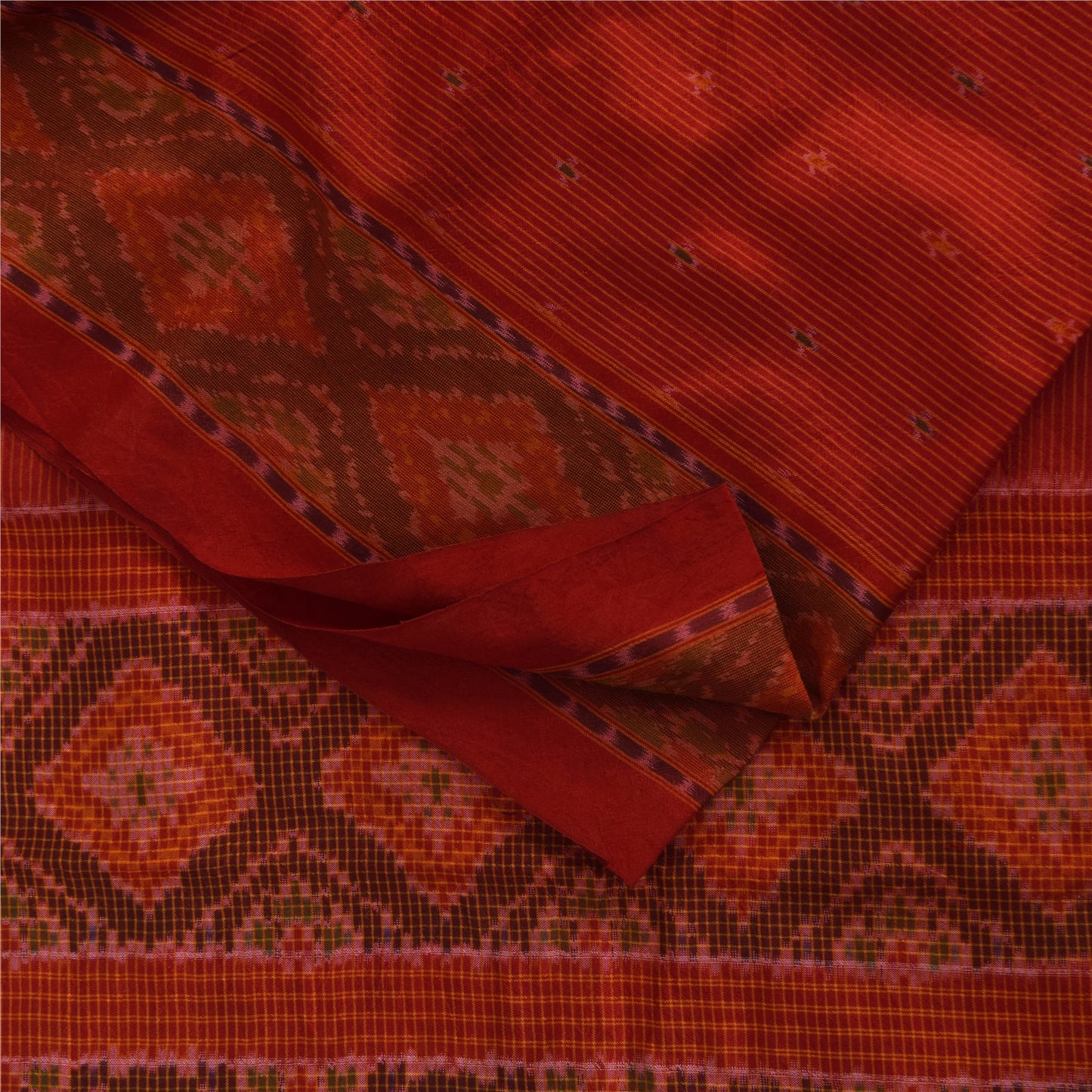 Sanskriti Vintage Sarees Red Sambhalpuri Ikat Handwoven Pure Silk Sari Fabric