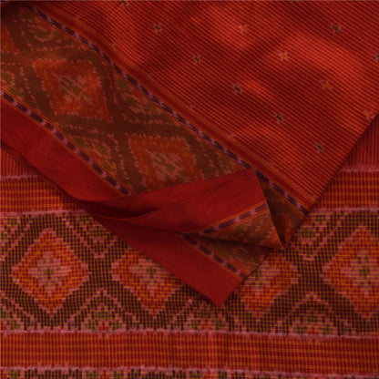 Sanskriti Vintage Sarees Red Sambhalpuri Ikat Handwoven Pure Silk Sari Fabric