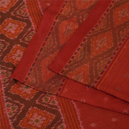 Sanskriti Vintage Sarees Red Sambhalpuri Ikat Handwoven Pure Silk Sari Fabric