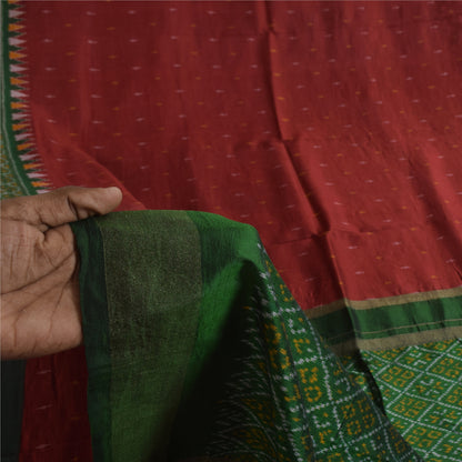 Sanskriti Vintage Sarees Red Ikat Handwoven Sambhalpuri Pure Silk Sari Sustainable Fabric