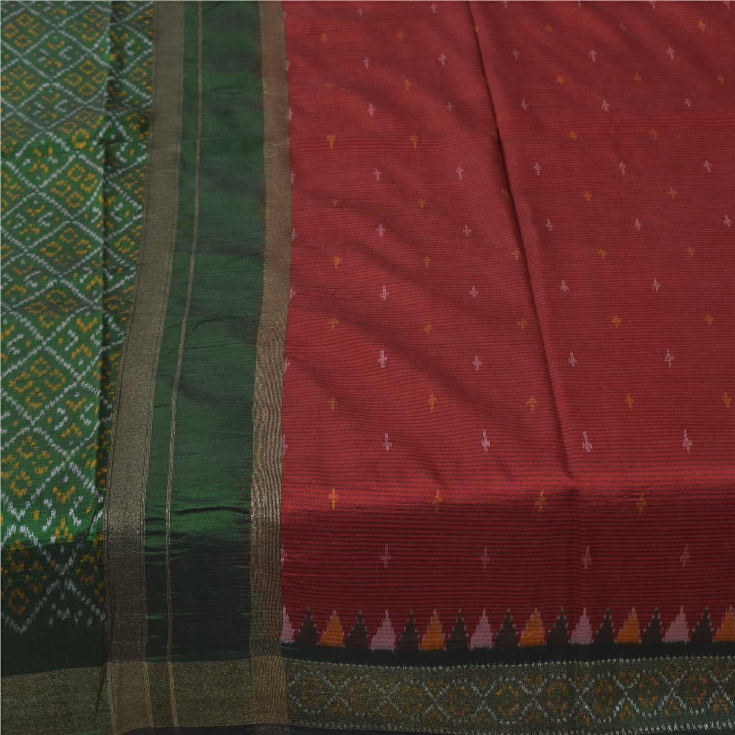 Sanskriti Vintage Sarees Red Ikat Handwoven Sambhalpuri Pure Silk Sari Sustainable Fabric