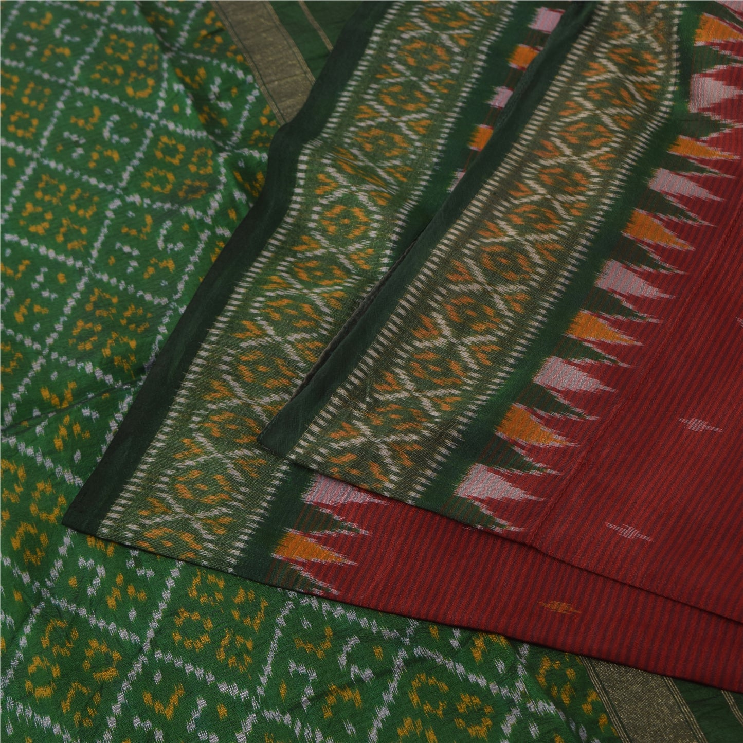 Sanskriti Vintage Sarees Red Ikat Handwoven Sambhalpuri Pure Silk Sari Sustainable Fabric