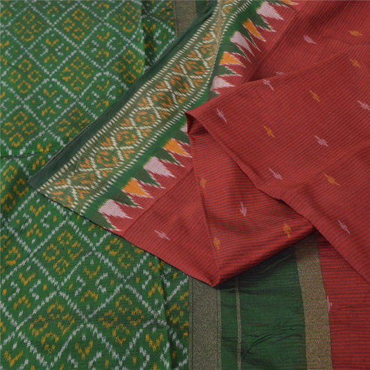 Sanskriti Vintage Sarees Red Ikat Handwoven Sambhalpuri Pure Silk Sari Sustainable Fabric