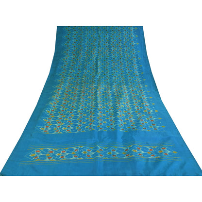 Sanskriti Vintage Sarees Blue Ikat Handwoven Sambhalpuri Pure Silk Sari Sustainable Fabric