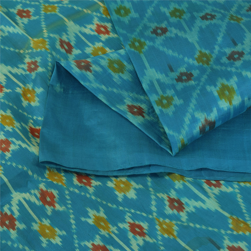 Sanskriti Vintage Sarees Blue Ikat Handwoven Sambhalpuri Pure Silk Sari Sustainable Fabric