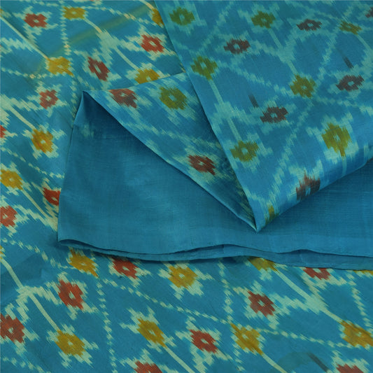 Sanskriti Vintage Sarees Blue Ikat Handwoven Sambhalpuri Pure Silk Sari Sustainable Fabric