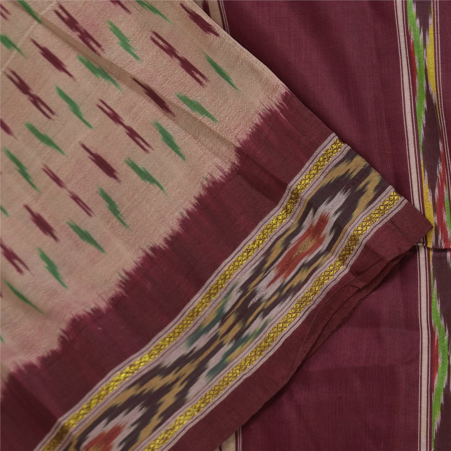 Sanskriti Vintage Sarees Pink Ikat Handwoven Pochampally Pure Silk Sari Fabric