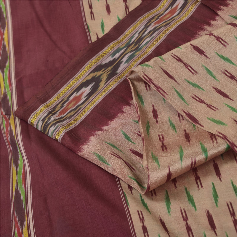 Sanskriti Vintage Saree Pink & Dark Red 100% Pure Silk Sewing Craft Ikat Handwoven Pochampally Indian Saree Sari 5+Yard Supplies Fabric