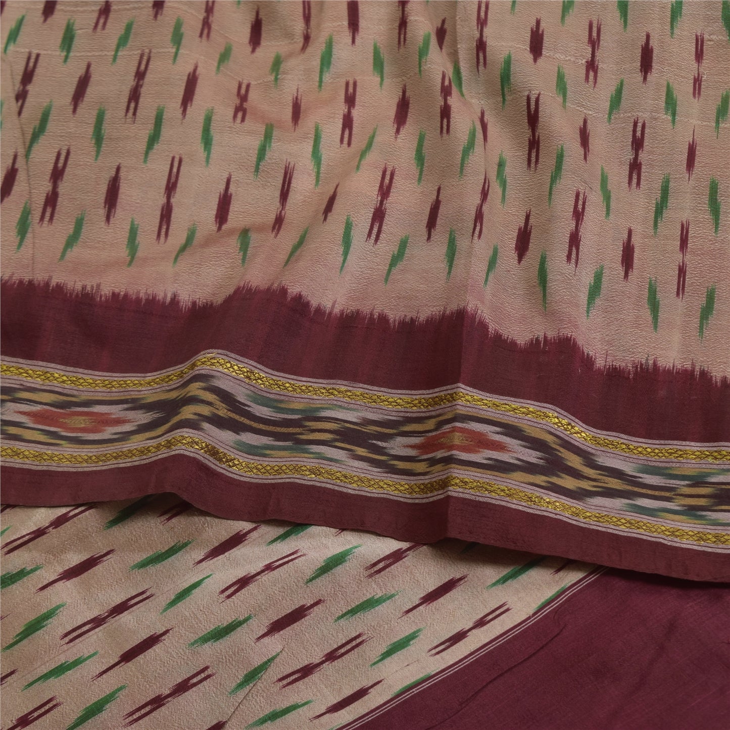 Sanskriti Vintage Sarees Pink Ikat Handwoven Pochampally Pure Silk Sari Fabric