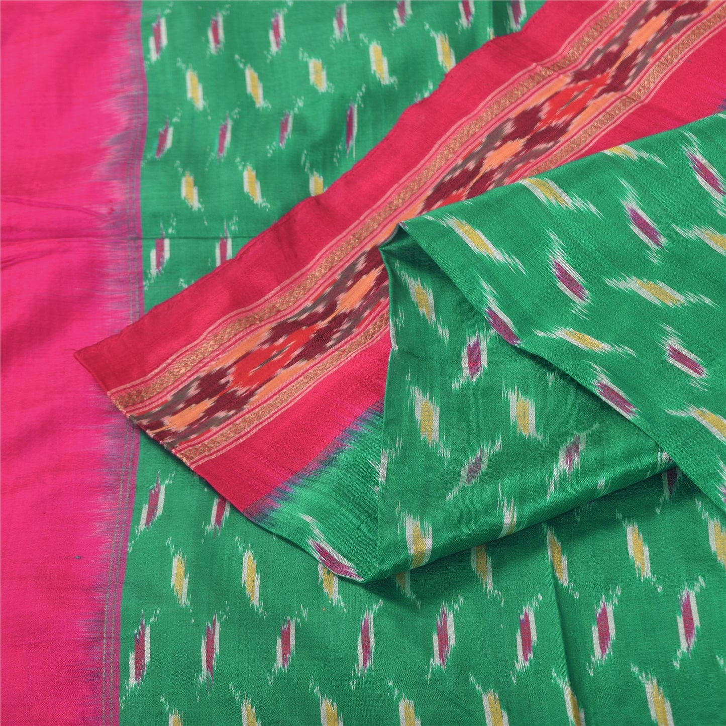 Sanskriti Vintage Sarees Green Ikat Handwoven Pochampally Pure Silk Sari Sustainable Fabric