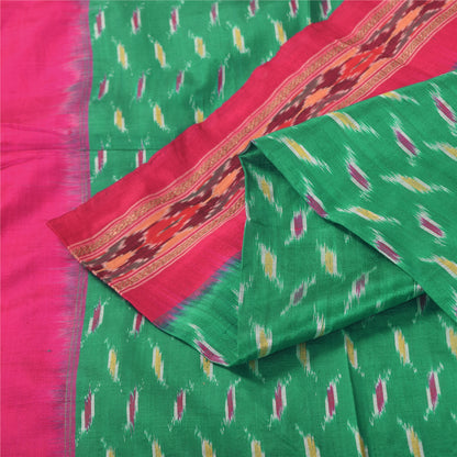 Sanskriti Vintage Sarees Green Ikat Handwoven Pochampally Pure Silk Sari Sustainable Fabric