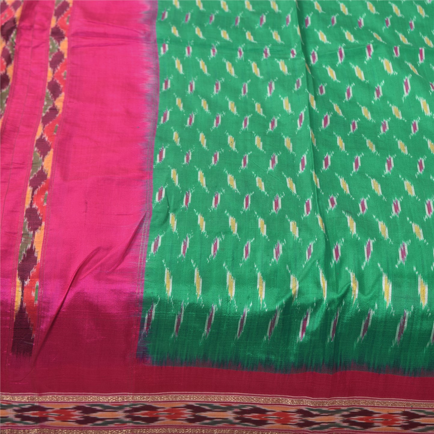 Sanskriti Vintage Sarees Green Ikat Handwoven Pochampally Pure Silk Sari Sustainable Fabric