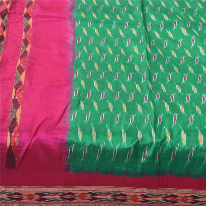 Sanskriti Vintage Sarees Green Ikat Handwoven Pochampally Pure Silk Sari Sustainable Fabric