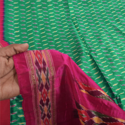 Sanskriti Vintage Sarees Green Ikat Handwoven Pochampally Pure Silk Sari Sustainable Fabric