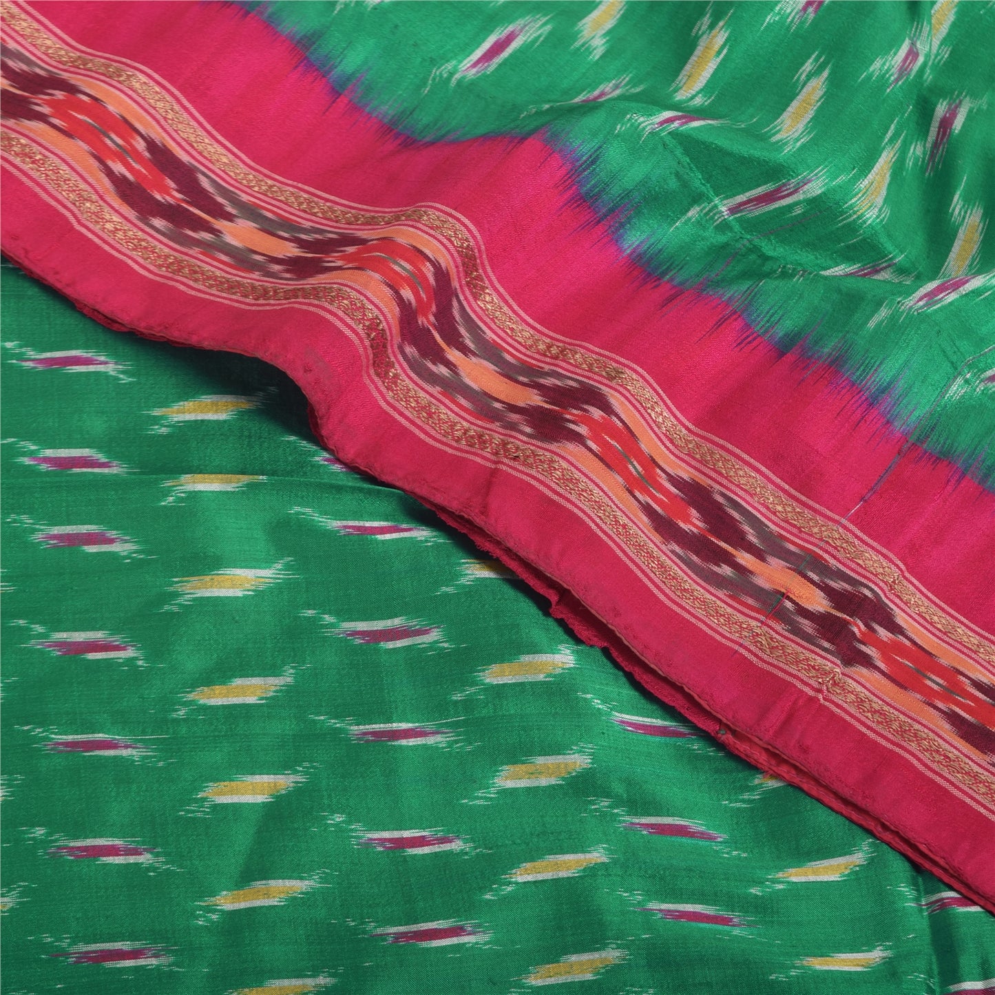 Sanskriti Vintage Sarees Green Ikat Handwoven Pochampally Pure Silk Sari Sustainable Fabric