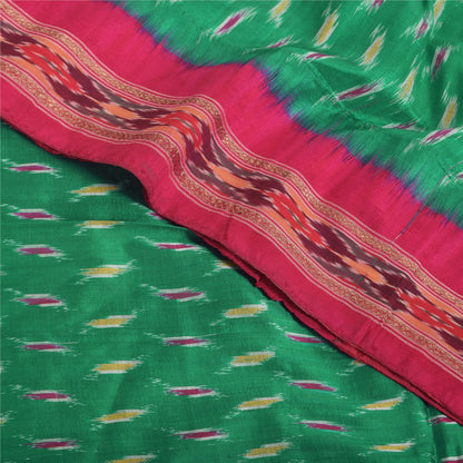Sanskriti Vintage Sarees Green Ikat Handwoven Pochampally Pure Silk Sari Sustainable Fabric