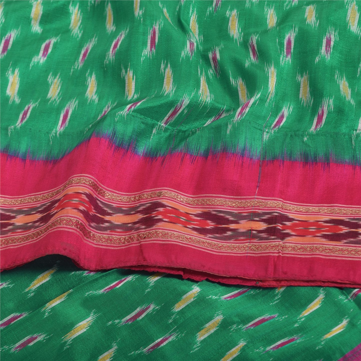 Sanskriti Vintage Sarees Green Ikat Handwoven Pochampally Pure Silk Sari Sustainable Fabric