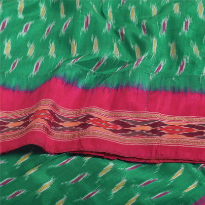 Sanskriti Vintage Sarees Green Ikat Handwoven Pochampally Pure Silk Sari Sustainable Fabric