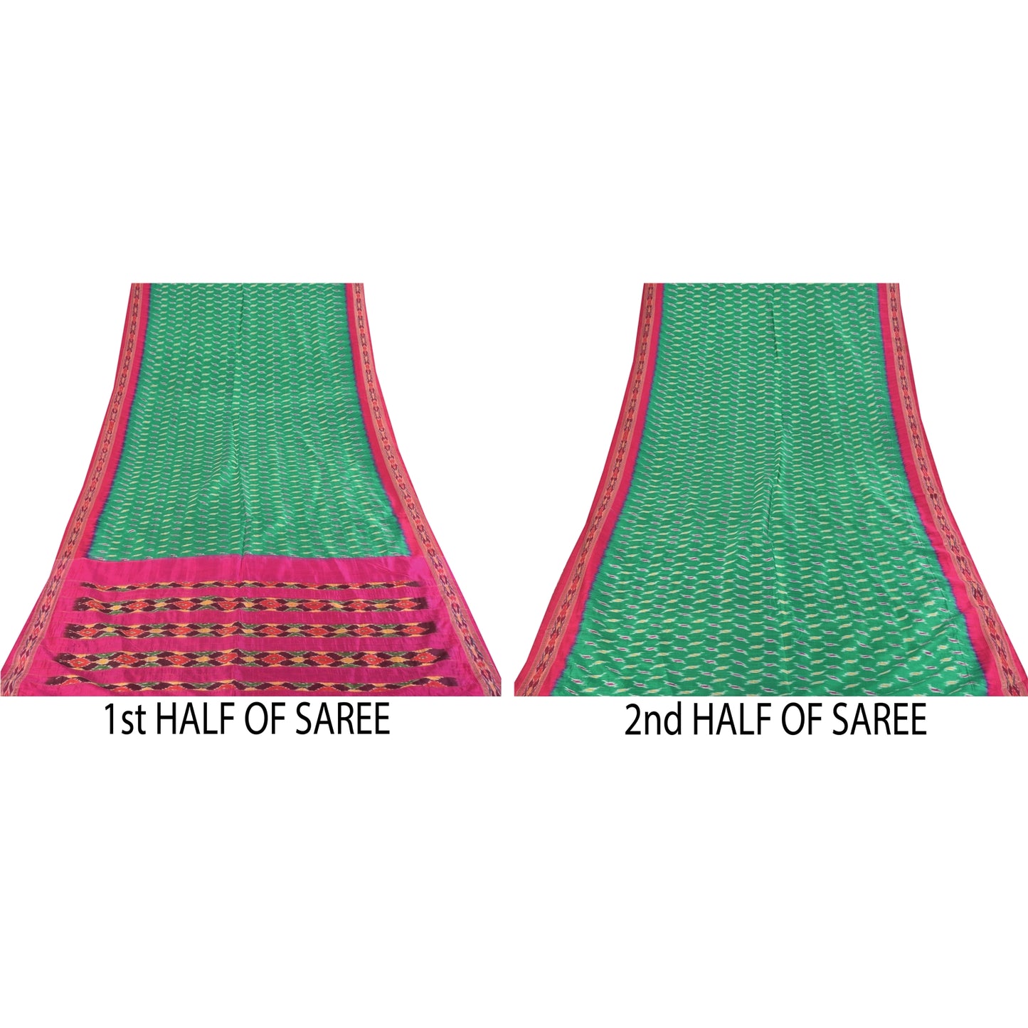 Sanskriti Vintage Sarees Green Ikat Handwoven Pochampally Pure Silk Sari Sustainable Fabric