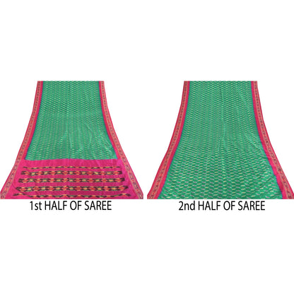 Sanskriti Vintage Sarees Green Ikat Handwoven Pochampally Pure Silk Sari Sustainable Fabric