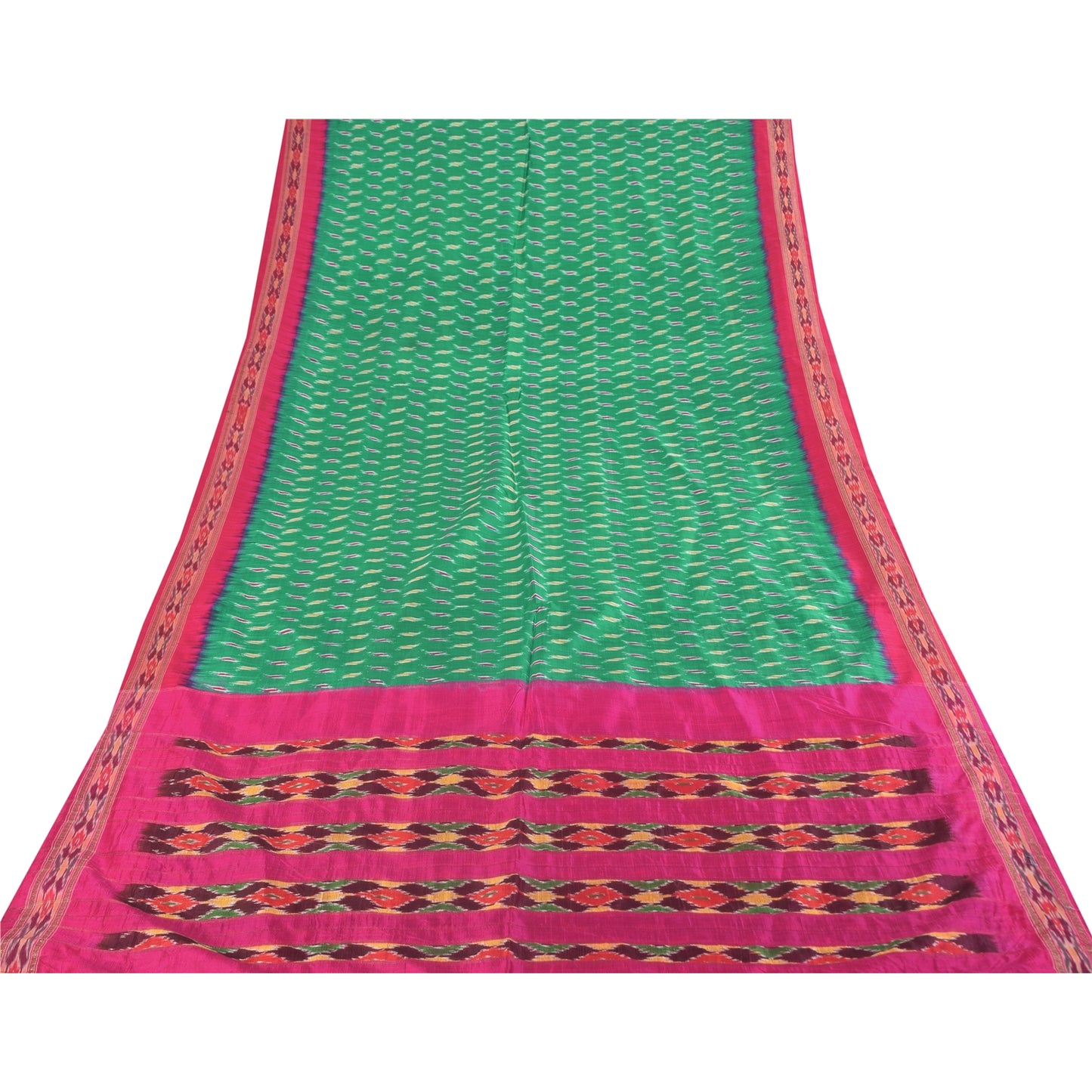 Sanskriti Vintage Sarees Green Ikat Handwoven Pochampally Pure Silk Sari Sustainable Fabric