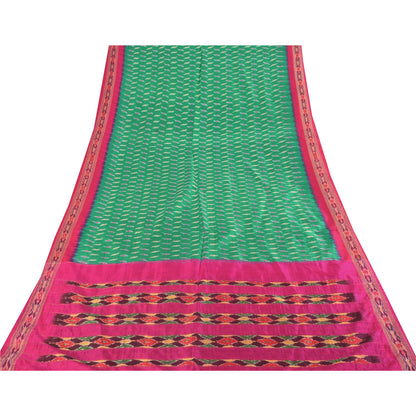 Sanskriti Vintage Sarees Green Ikat Handwoven Pochampally Pure Silk Sari Sustainable Fabric