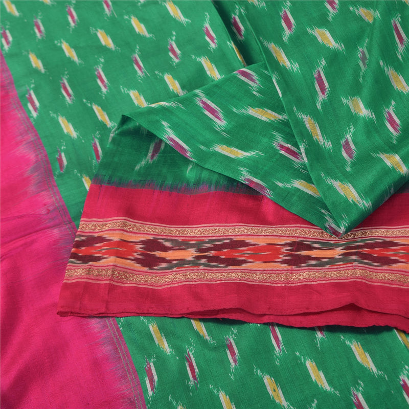 Sanskriti Vintage Sarees Grøn Ikat Håndvævet Pochampally Pure Silke Sari Bæredygtigt stof