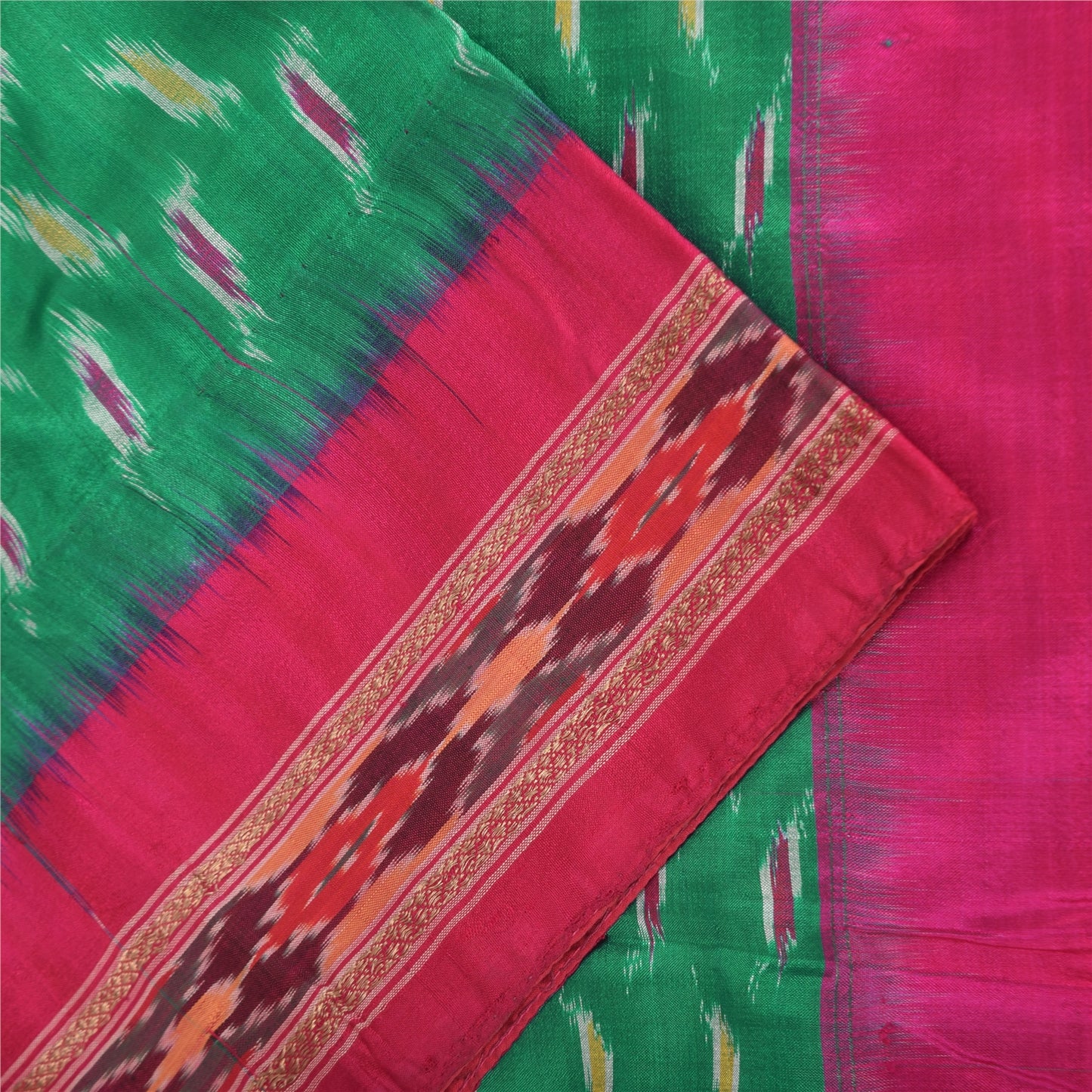 Sanskriti Vintage Sarees Green Ikat Handwoven Pochampally Pure Silk Sari Sustainable Fabric