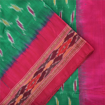 Sanskriti Vintage Sarees Green Ikat Handwoven Pochampally Pure Silk Sari Sustainable Fabric