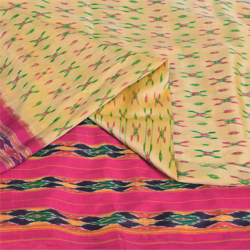 Sanskriti Vintage Pochampally Ikat Saree Cream Pink | Handwoven 100% Pure Silk Sari 5+ Yards | Indian Handloom Craft Fabric For Home Decor