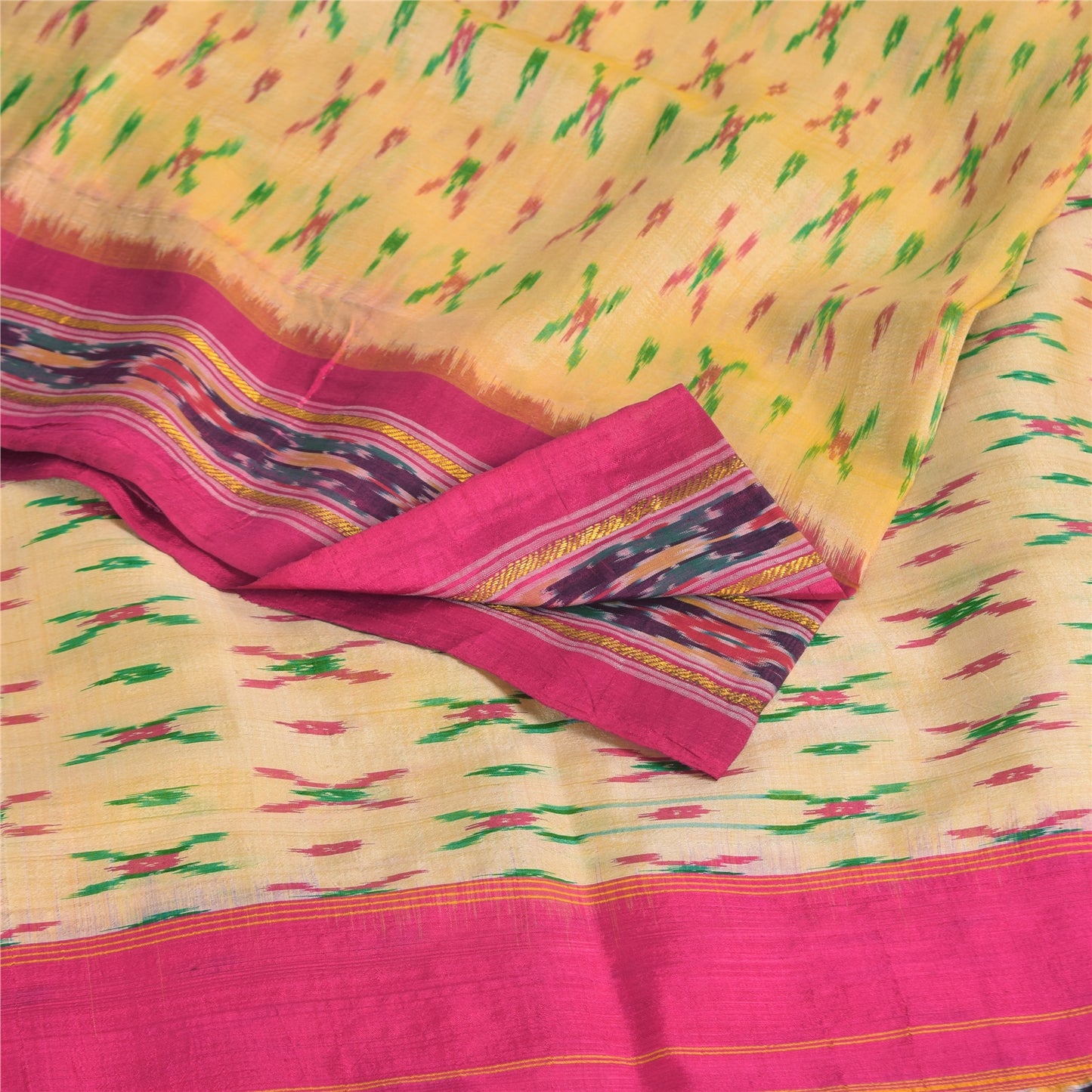 Sanskriti Vintage Sarees Pochampally Ikat Handwoven Pure Silk Sari 5+yd Sustainable Fabric
