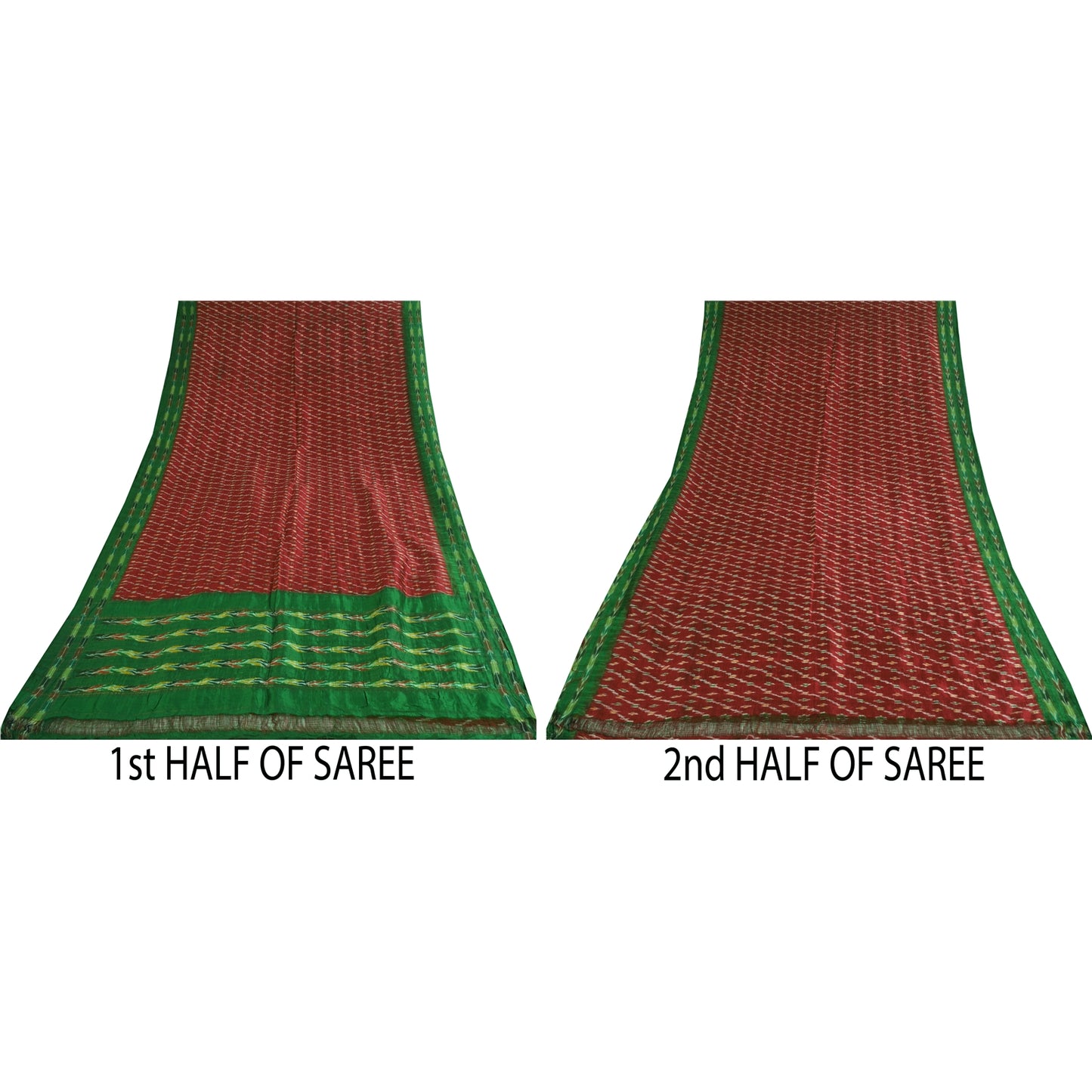 Sanskriti Vintage Sarees Red Ikat Handwoven Pochampally Pure Silk Sari Sustainable Fabric