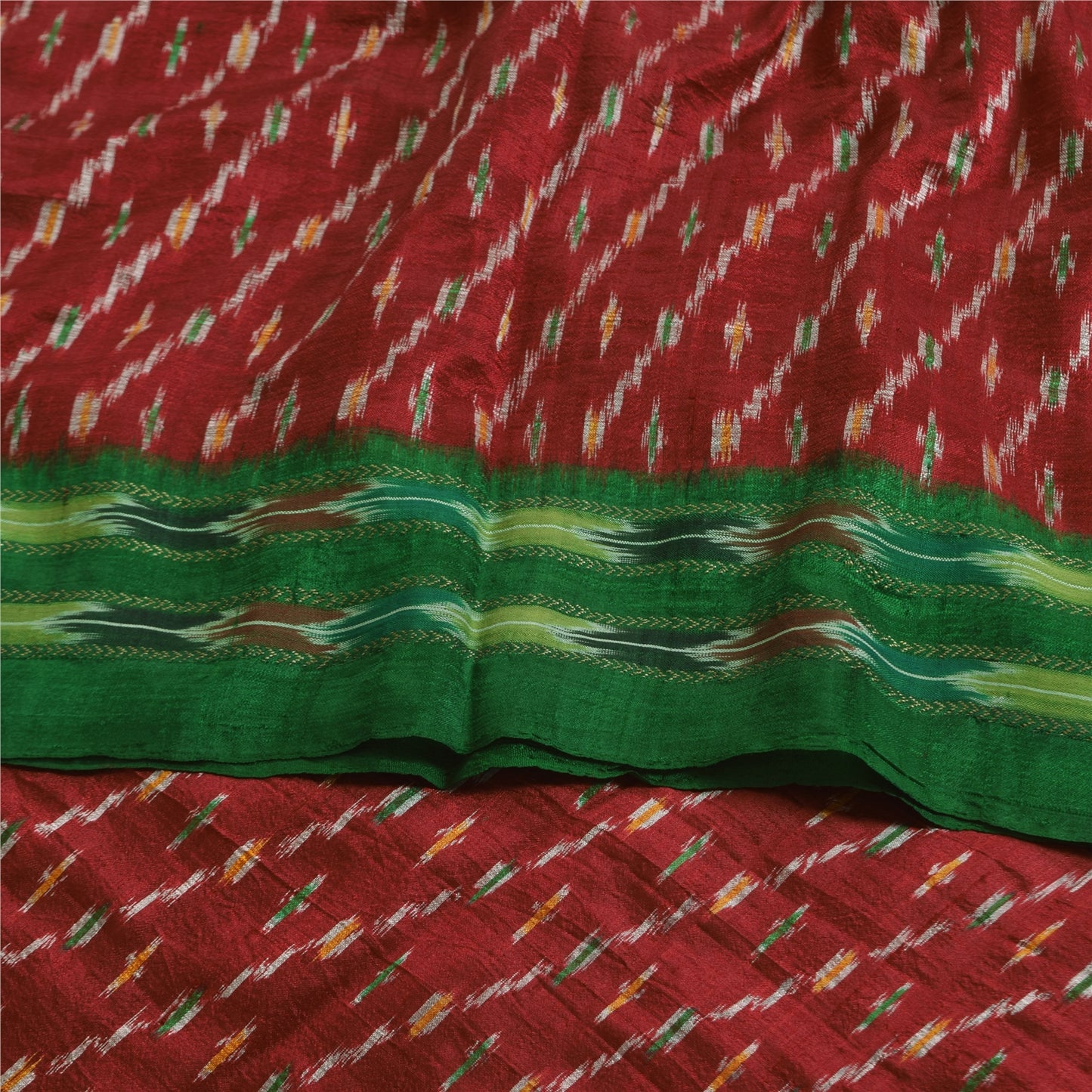 Sanskriti Vintage Sarees Red Ikat Handwoven Pochampally Pure Silk Sari Sustainable Fabric