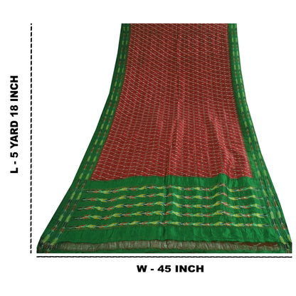 Sanskriti Vintage Sarees Red Ikat Handwoven Pochampally Pure Silk Sari Sustainable Fabric