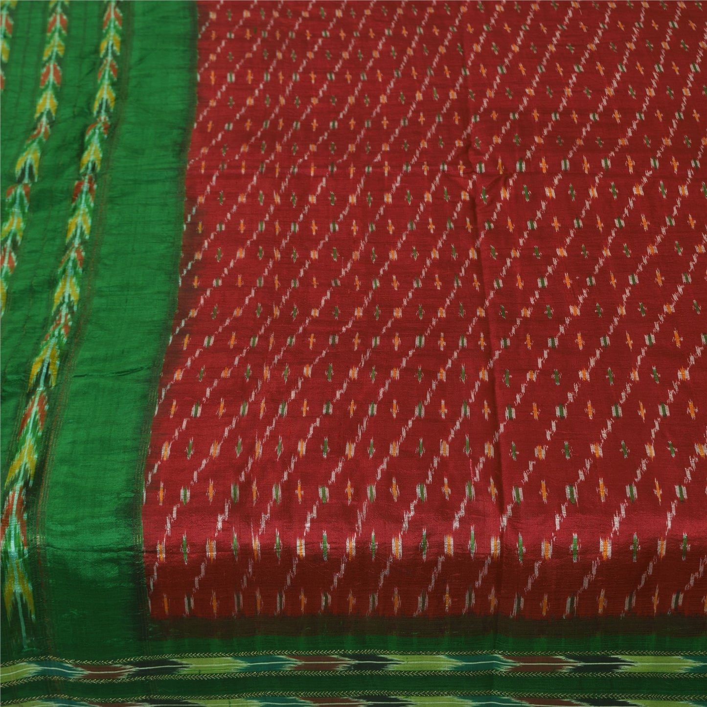 Sanskriti Vintage Sarees Red Ikat Handwoven Pochampally Pure Silk Sari Sustainable Fabric
