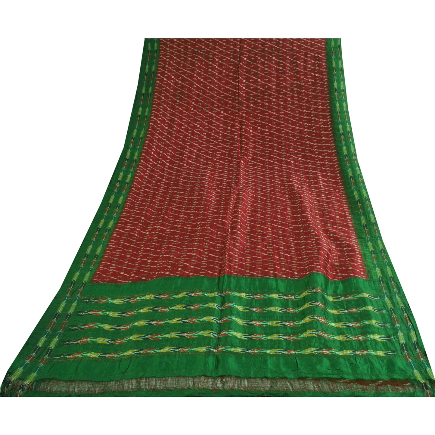 Sanskriti Vintage Sarees Red Ikat Handwoven Pochampally Pure Silk Sari Sustainable Fabric