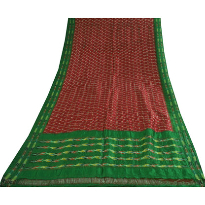 Sanskriti Vintage Sarees Red Ikat Handwoven Pochampally Pure Silk Sari Sustainable Fabric