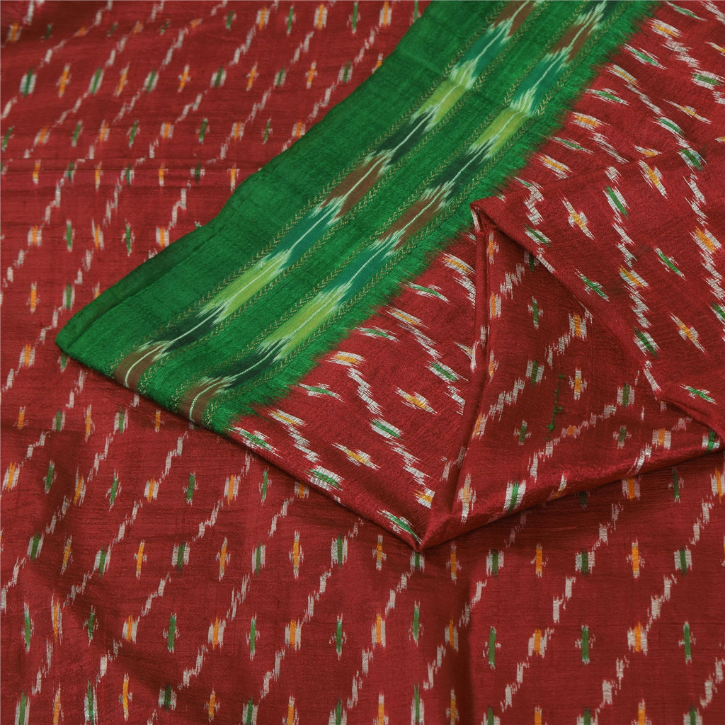 Sanskriti Vintage Sarees Red Ikat Handwoven Pochampally Pure Silk Sari Sustainable Fabric