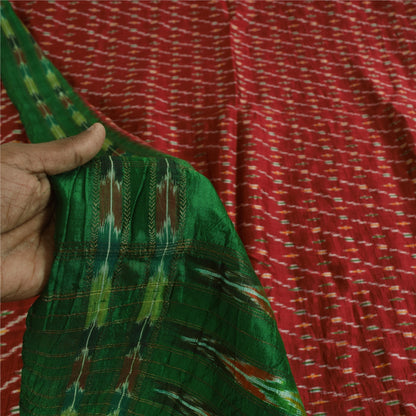Sanskriti Vintage Sarees Red Ikat Handwoven Pochampally Pure Silk Sari Sustainable Fabric