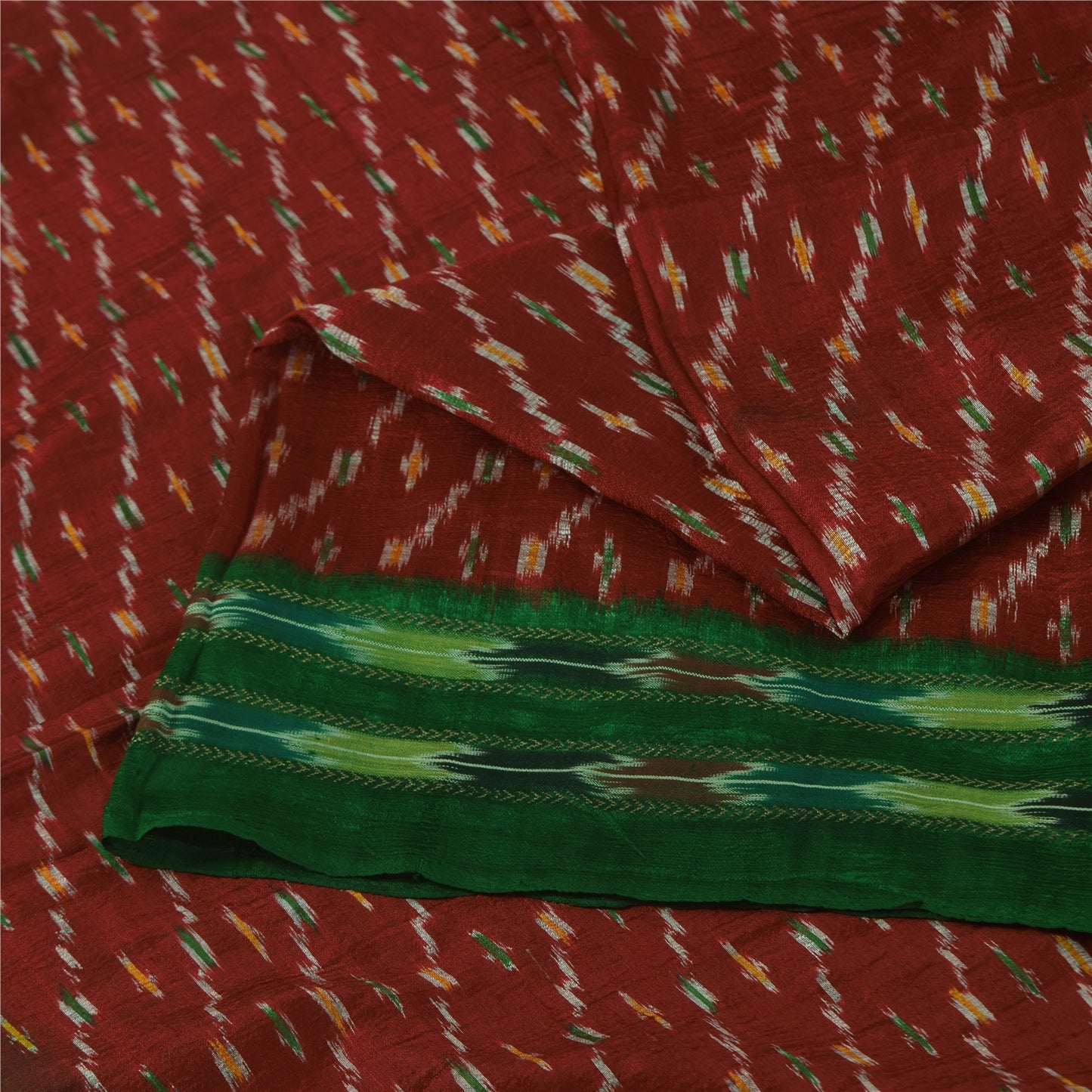 Sanskriti Vintage Sarees Red Ikat Handwoven Pochampally Pure Silk Sari Sustainable Fabric