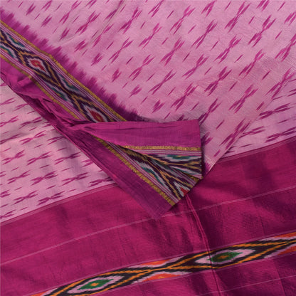 Sanskriti Vintage Sarees Pink Ikat Handwoven Pochampally Pure Silk Sari Fabric