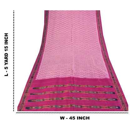 Sanskriti Vintage Sarees Pink Ikat Handwoven Pochampally Pure Silk Sari Fabric