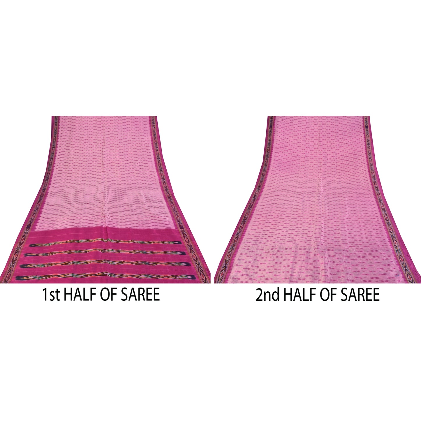 Sanskriti Vintage Sarees Pink Ikat Handwoven Pochampally Pure Silk Sari Fabric