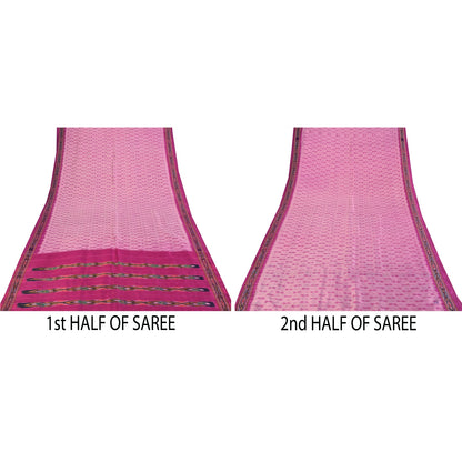 Sanskriti Vintage Sarees Pink Ikat Handwoven Pochampally Pure Silk Sari Fabric