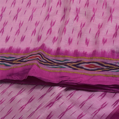 Sanskriti Vintage Sarees Pink Ikat Handwoven Pochampally Pure Silk Sari Fabric