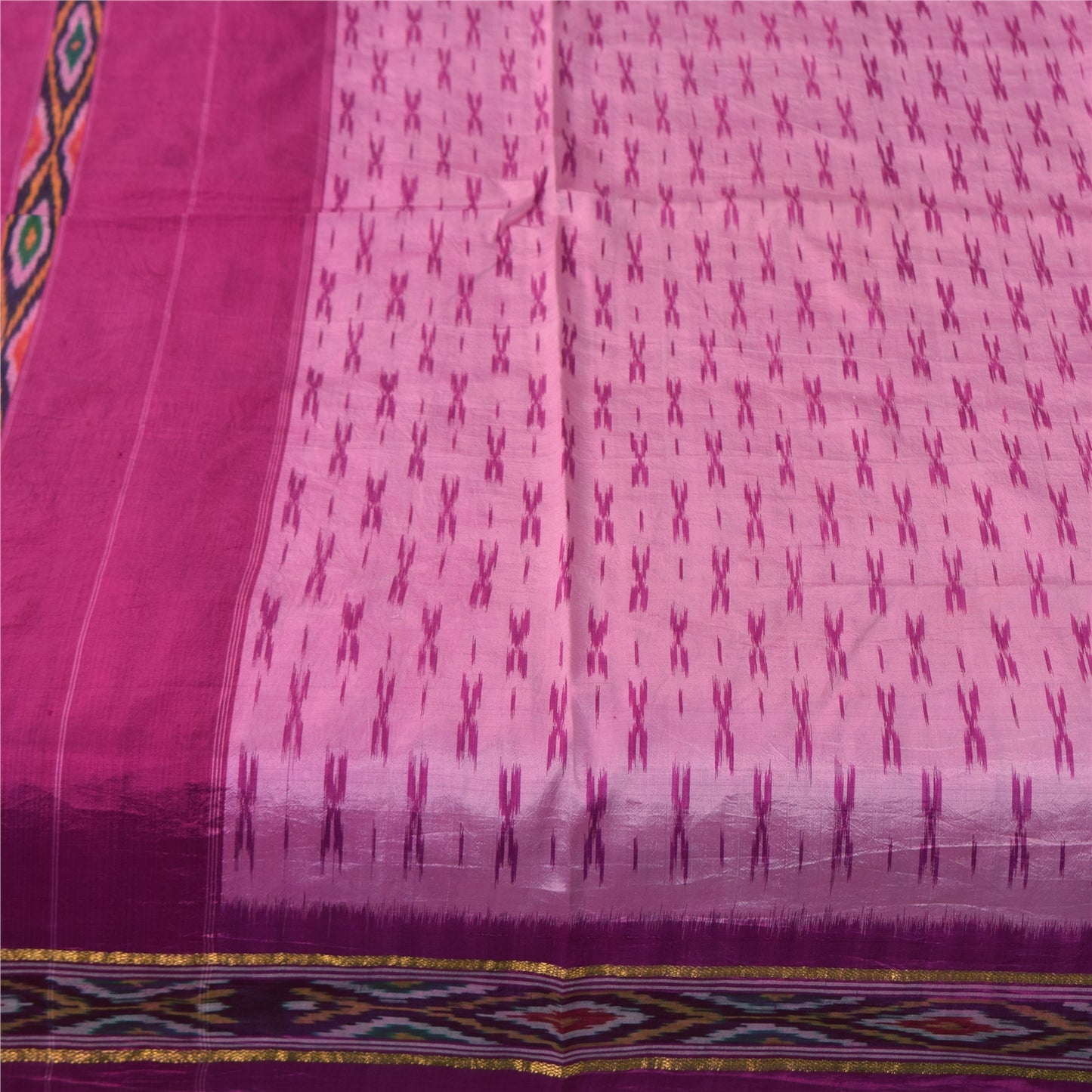 Sanskriti Vintage Sarees Pink Ikat Handwoven Pochampally Pure Silk Sari Fabric